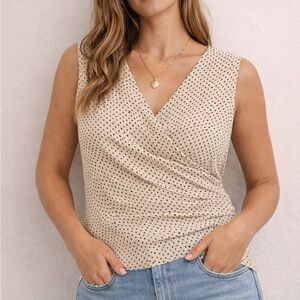 Ann Taylor Ivory and Black Polka Dot Faux-Wrap Sleeveless V-Neck Blouse